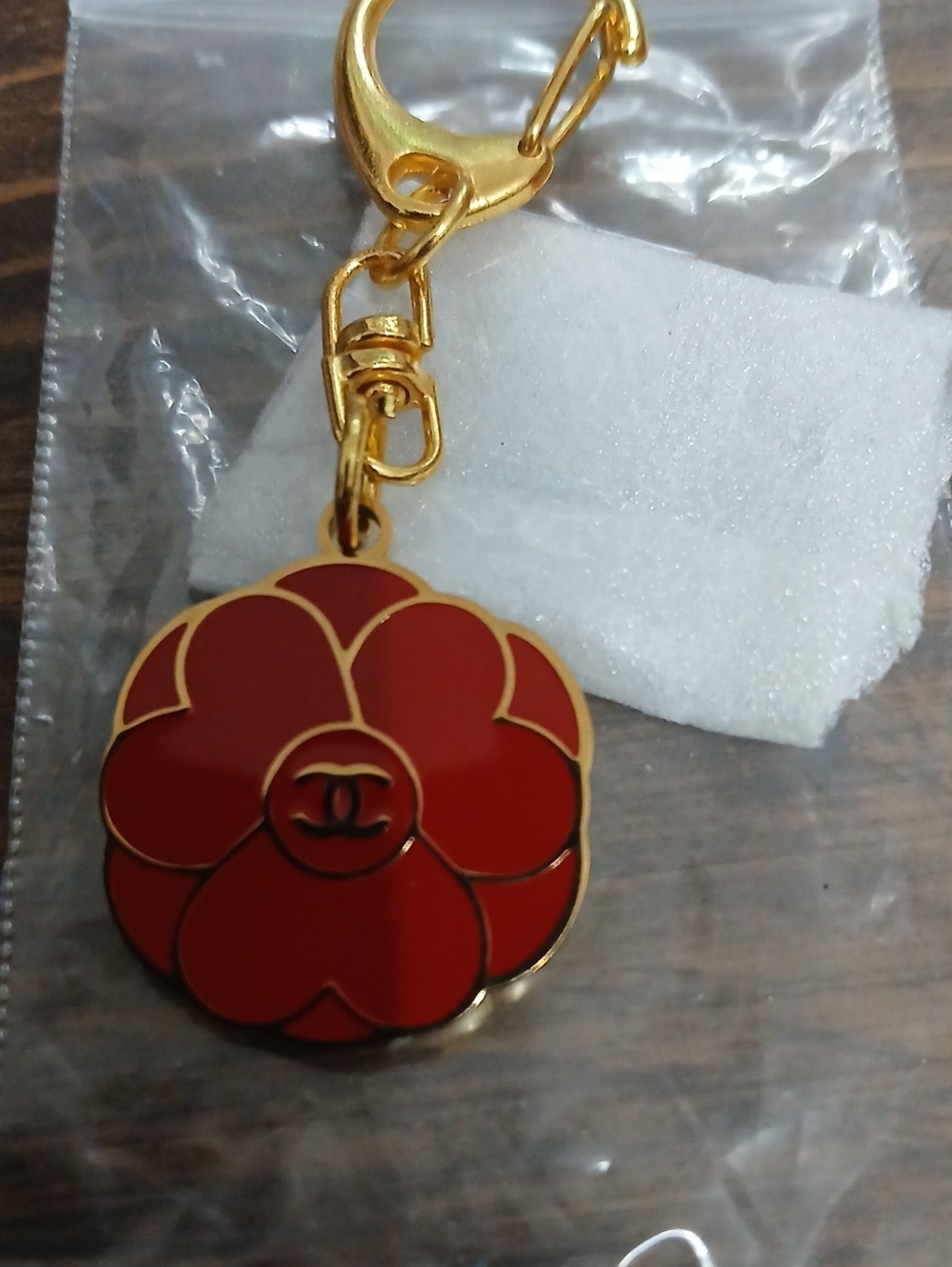 CHANEL Gold-Tone Red Camellia Keyring Charm